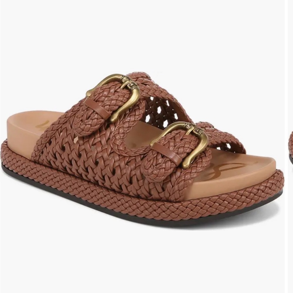 Sam Edelman Woven Double-Buckle Slide Sandal in Cognac Brown